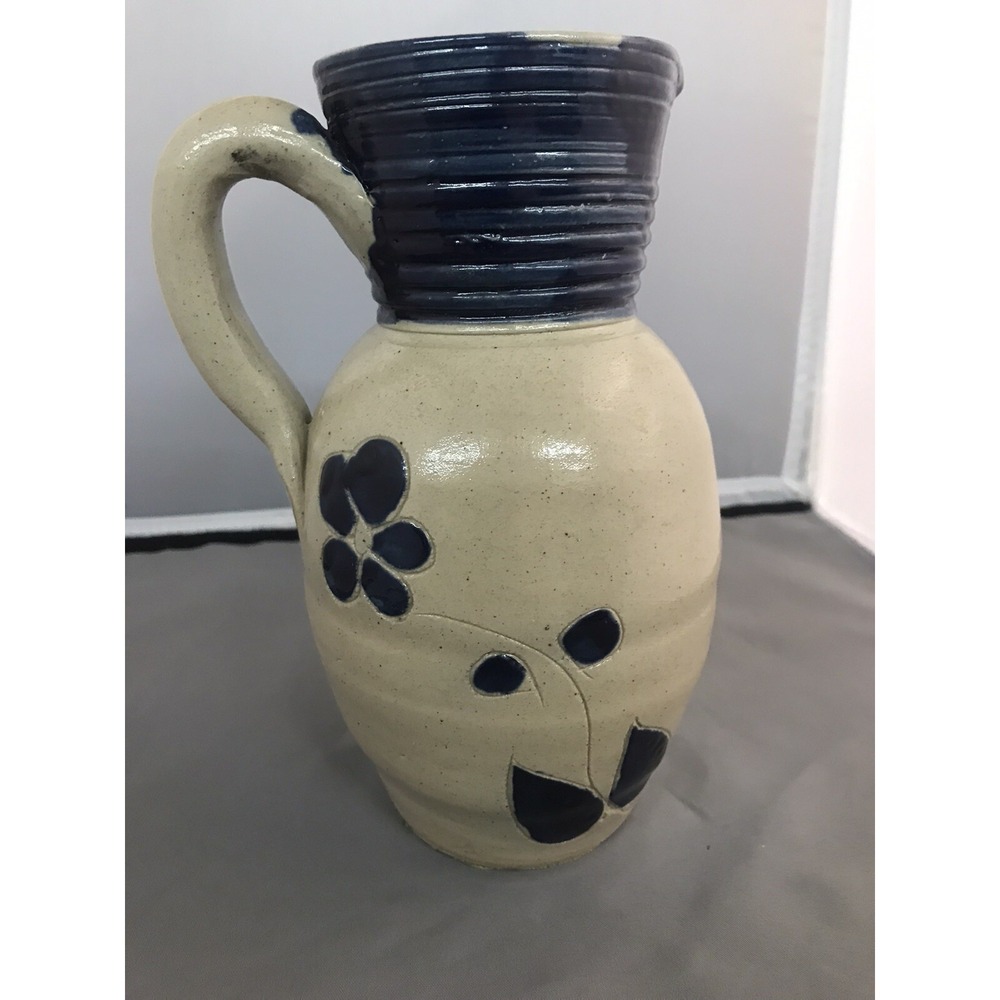 7.5" Stoneware Pitcher Creamer Cobalt Blue‎ Flower Pottery Salt Glazed Vintage